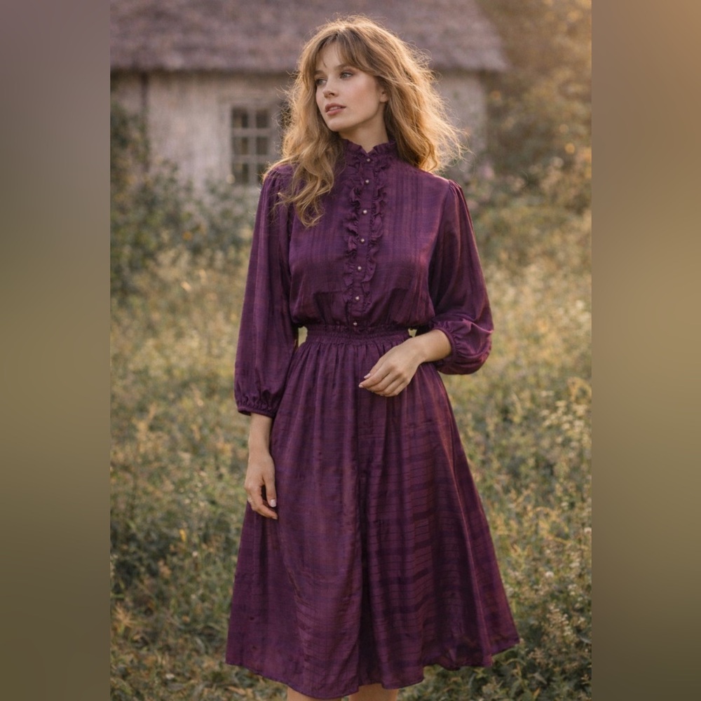 *Silky prairie dress- vintage 80โs- plum purple - Edwardian high collar, ruffled